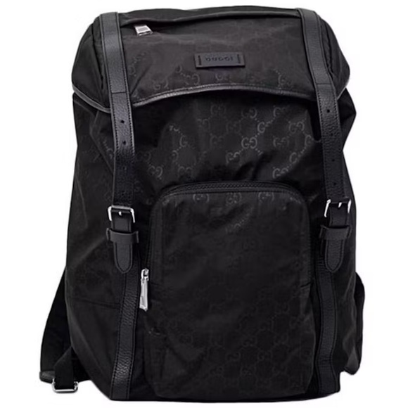 Gucci Authentic Blk GG Monogram Nylon Drawstring Backpack Leather Trim 510336 - Picture 1 of 16